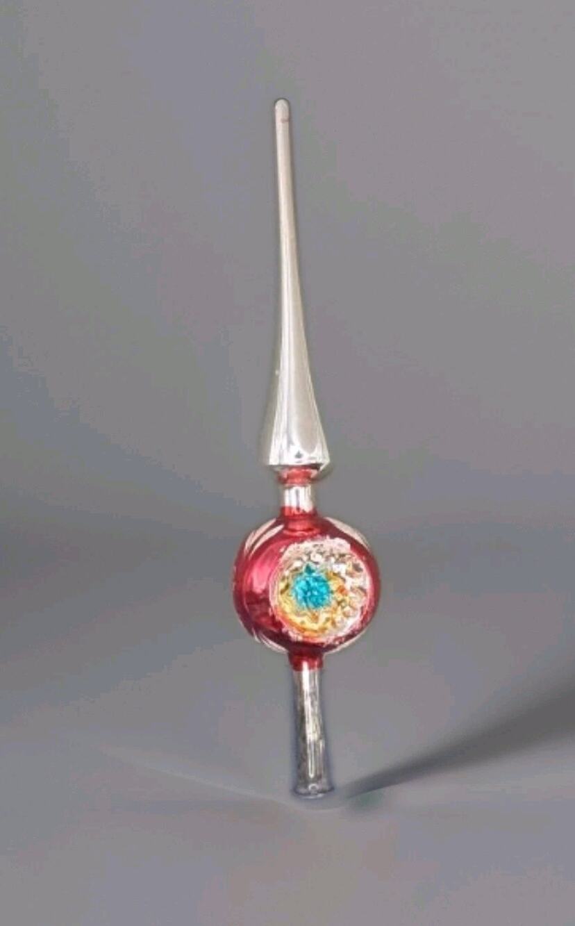 German Triple Indent Glass Christmas Tree Topper 9" With Original Box Antique